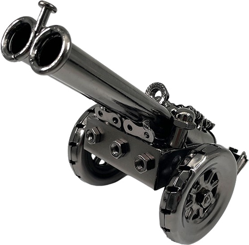 Metal cannon sculpture with wheels and cogs