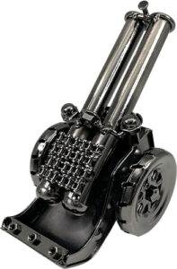 Metal minigun toy with black wheels and barrels.