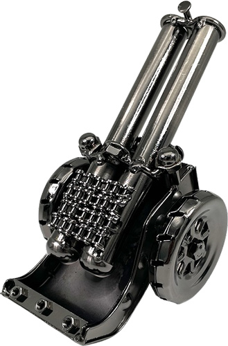 Metal minigun toy with black wheels and barrels.