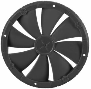 Black circular fan blade with six blades.