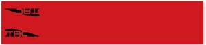 Red banner with black abstract symbols.