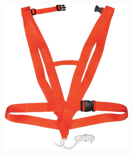 Orange safety harness with clips and rope.