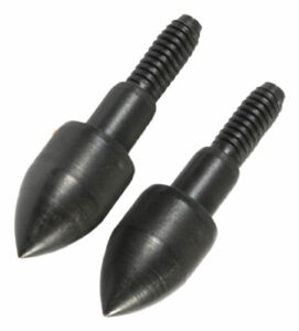 Metal spike tips with threaded ends for archery.