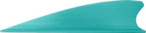 Teal surfboard fin, side view.
