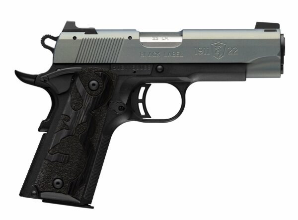 Black pistol side view with detailed handle design.