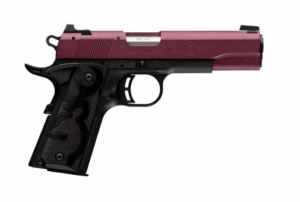Red and black semi-automatic pistol side view.