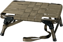 Foldable camping stool with woven seat.
