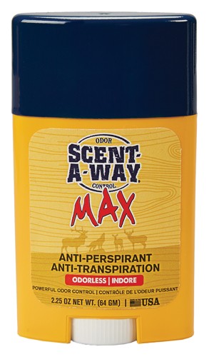 Scent-A-Way Max anti-perspirant stick, odorless formula.