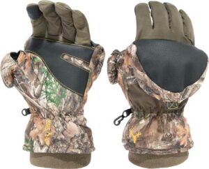Camouflage hunting gloves, waterproof, insulated design.