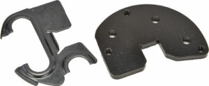 Two black metal bracket pieces on white background.