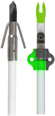 Broadhead and arrow nock with green fletching.