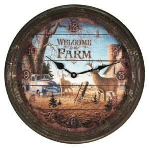Vintage farm-themed clock with deer and truck