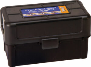 Black ammo box with label for cartridges.