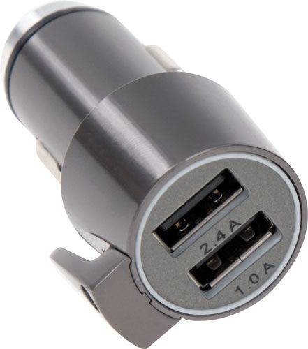 Dual USB car charger with 2.4A and 1.0A ports.