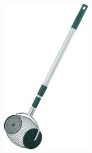 Nut gatherer with long handle and wire basket.