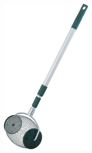 Nut gatherer with long handle and wire basket.