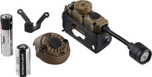 Tactical flashlight with batteries and mounting accessories.