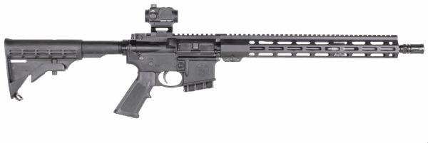 AR-style rifle with tactical attachments.