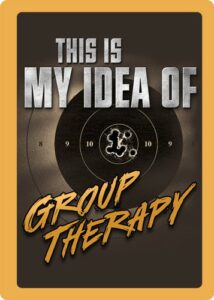 Target with bullet holes, humorous group therapy concept.