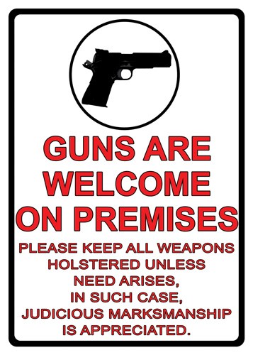 Guns welcome sign with rules for carrying.