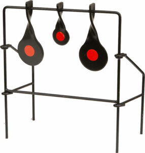 Three metal shooting targets with red centers.
