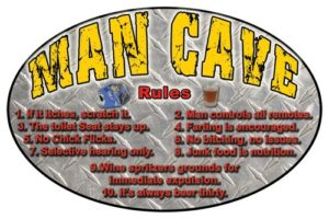 Man cave rules sign with beer and humor.