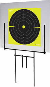 Yellow target on paper with metal stand for shooting