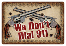 Vintage sign with crossed revolvers and bold text