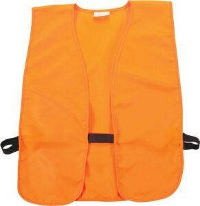 Bright orange safety vest with black straps