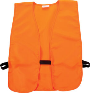 Bright orange safety vest with black strap.