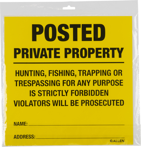 Private property sign forbidding trespassing and prosecution warning.