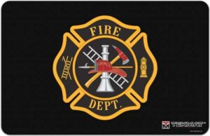 Fire department emblem with tools and helmet.