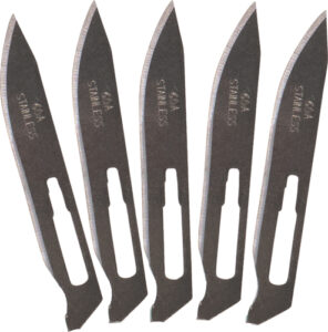 Five stainless steel scalpel blades in a row.