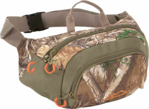 Camouflage waist pack with adjustable strap and zippers.