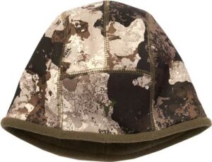 Camouflage winter hat with brown and beige patterns.