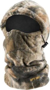 Camouflage fleece face mask with adjustable drawstring.