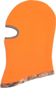 Orange fleece balaclava with fur trim.