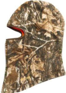 Camouflage fleece balaclava for outdoor activities.