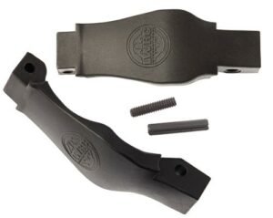 Black metal parts with screws and logo