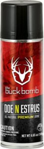 Buck Bomb doe urine scent hunting spray can.