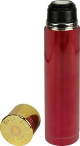 Red thermos shaped like shotgun shell with lid.