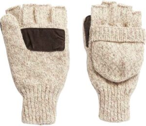 Fingerless wool gloves with brown leather patch.