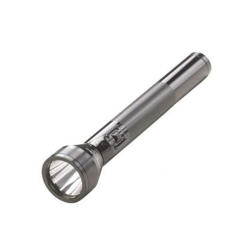 Silver flashlight with textured grip and on/off switch.