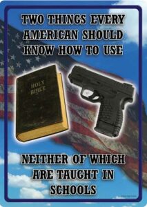 Bible and gun with American flag background.