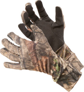 Camouflage hunting gloves with textured grip.