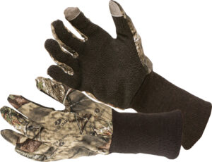 Camo-patterned hunting gloves with textured palms