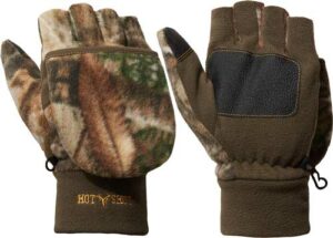 Camo hunting gloves with convertible mittens.