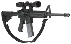 AR-15 style rifle with scope and strap