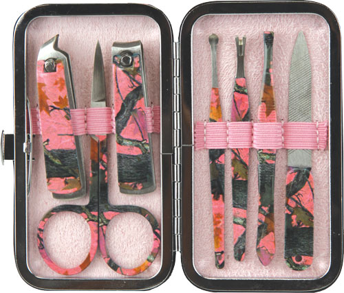 Colorful manicure set in a pink case