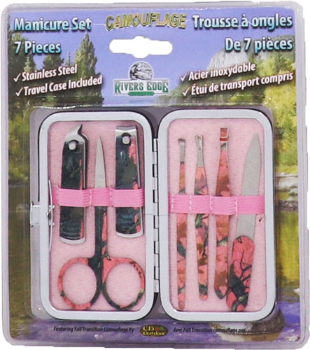 Camouflage manicure set with seven stainless pieces.